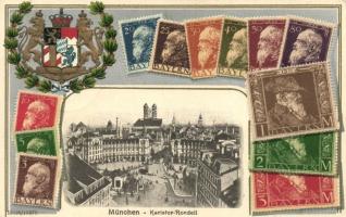 München, Karlstor-Rondell / set of Bavarian stamps, Emb. litho