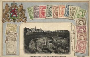 Luxembourg, Vue sur le Faubourg Ground; H. Guggenheim & Co. / castle view, set of stamps Emb. litho