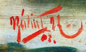 Bálint jelzéssel: Erdő a folyópartnál. Olaj, vászon, 30×62 cm