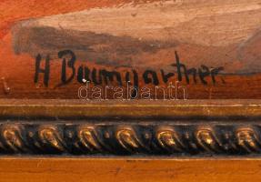 Baumgartner jelzéssel: Találkozás a hídnál. Olaj, vászon, repedezett, antik keretben, 30×45 cm