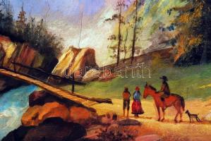 Baumgartner jelzéssel: Találkozás a hídnál. Olaj, vászon, repedezett, antik keretben, 30×45 cm