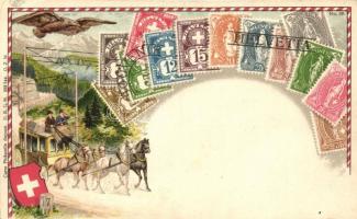 Schweizerische Gebirgspost / Swiss post carriage, stamps, Ottmar Ziehers Carte Philatelie No. 39. litho (EK)