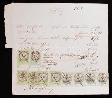 1872 Német nyelvű számla 10, 7, 5 és 2 kr-ás okmánybélyegekkel
