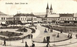 Szabadka, Szent István tér / square, shops, church (small tear)