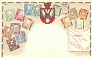 Montenegro - set of overprint stamps, Ottmar Ziehers Carte Philatelique No. 74. litho