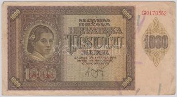 Független Horvát Állam 1941. 1000K T:III Independent State of Croatia 1941. 1000 Kuna C:F Krause 4