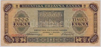 Független Horvát Állam 1943. 1000K T:III Independent State of Croatia 1943. 1000 Kuna C:F Krause 12