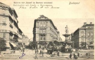 Budapest VIII. Kálvin tér, József- és Baross utca, gyógyszertár, Magyar Lámpaáru gyár, villamos, szobor, Ganz Antal kiadása