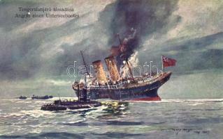 Tengeralattjáró támadása; Angriff eines Unterseebootes / K.u.K. navy, art postcard s: Harry Heusser