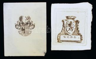2 db ex libris Rudolf von Gutmann (1880-1966) gyűjteményéből, 1 db rézkarc és 1 db klisé, papír, hátulján jelzett, 6×5,5 illetve 10,5×8 cm