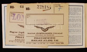 1962 Magyar Légiközlekedési Vállalat Repülőjegy Budapest- London viszonylatban poggyászvevénnyel / 1962 Passenger Ticket (Budapest-London) and Baggage check of Hungarian Air Transport