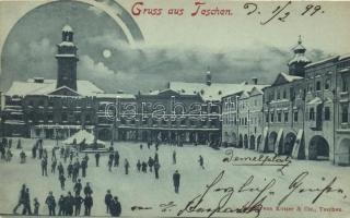 1899 Cieszyn, Teschen, winter, night, square, town hall, shop of Karl Proceaska (cut)