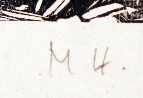 MH jelzéssel: Pihenők. Fametszet, papír, 27×21 cm