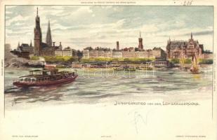 Hamburg, Jungfernstieg von der Lombardsbrücke, Novitas Verlag von Künstler Postkarten Serie III Blatt No. 40 (Rb)
