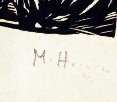 MH jelzéssel: Falu a dombok közt. Fametszet, papír, 27×21 cm