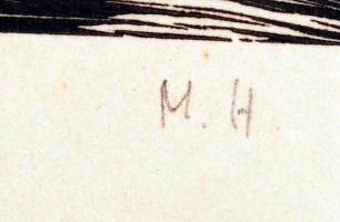 MH jelzéssel: Erdei séta. Fametszet, papír, 27×21 cm