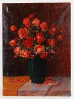 Komáromi Kacz Endréné (1883-1954): Rózsás csendélet. Olaj, vászon, repedezett, jelzett, 78×57 cm
