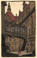Dresden, Schloss-Übergang zur Kath. Hofkirche, Kunstverlag Max Köhler, Künstler-Steinzeichnung