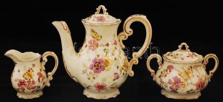 Zsolnay pillangó mintás mokkás készlet, kézzel festett, hibátlan, jelzett / Zsolnay coffee set in fl...