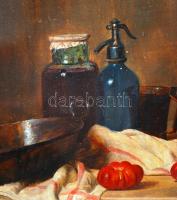 Bachmann Károly (1874-1924): Csendélet szódásüveggel. Olaj, fa, jelzett, keretben, 11,5×15,5 cm