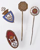 4db vegyes jelvény, közte ~1920-1930. "PAX" zománcozott fém iskolajelvény, 1971. "Budapest 1971. (Vadászati Világkiállítás)" fém kitűző T:vegyes