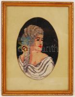 2 db gobelin kép, férfi és női portré, üvegezett fa keretben, 43,5×33 cm