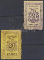 1921 Miskolc városi illetékbélyeg 2 x 20K, egyik kréta papíron, másik sötét sárga színű