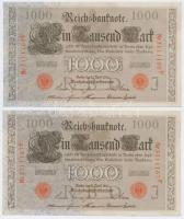 Német Birodalom 1910. 1000M hétjegyű sorszám, piros pecsét (5x), közte 3 sorszámkövető T:II-,III
Ger...