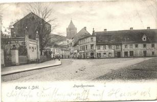 Chojnów, Haynau in Schlesien; Liegnitzerstrasse, Gustav Knolls Sattler und Tapizierer, Fabrik und Gasthaus / street, shops, guest house (small tear)