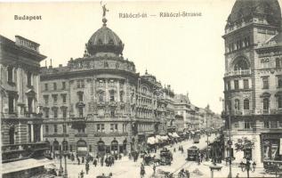 Budapest VIII. Rákóczi út, gyógyszertár, zálogkölcsön intézet, villamos