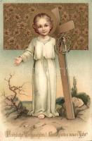 Christmas, New Year, child Jesus with cross and crown of thorns, golden decoration, floral Art Nouveau Emb. litho (small tear)