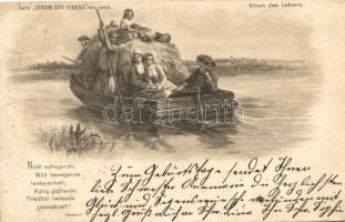 Strom des Lebens / German folklore, boat, Rückerts poem litho (wet corner)