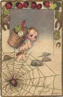 Italian art postcard, New Year, child with spider web and mice, ladybugs, horse shoe, clovers, Ballerini & Fratini 210. s: S. Chiostri (EB)