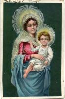 Saint Mary with child Jesus, silver decoration litho, Szűz Mária a kis Jézussal, ezüst díszítéssel, litho