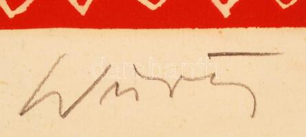 Würtz Ádám (1927-1994): Király lány. Színezett linó, papír, jelzett, üvegezett keretben, 22×39 cm