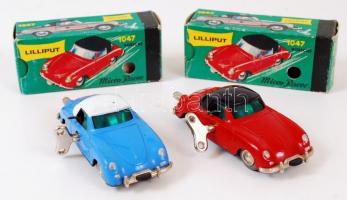 2 db régi Lilliput Micro-Racer Porsche 1047 felhúzható kisautó kék és piros színben, eredeti dobozában, kulccsal