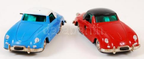 2 db régi Lilliput Micro-Racer Porsche 1047 felhúzható kisautó kék és piros színben, eredeti dobozáb...