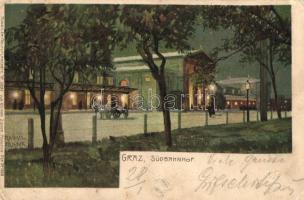 Graz, Südbahnhof; Künstler-Heliocolorkarte No. 2892. von Ottmar Zieher, litho s: Raoul Frank (Rb)