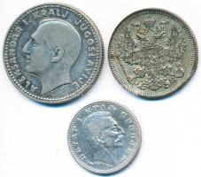 Vegyes: Oroszország 1909. 20k Ag + Szerbia 1915. 50p Ag "I. Péter" + Jugoszlávia 1931. 10D...