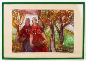 Dienes János (1884-1962): Gyümölcsszedők. Pasztell, papír, jelzett, üvegezett keretben, 45,5×31 cm