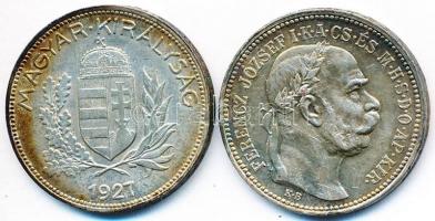 1915KB 1K Ag "Ferenc József" + 1927. 1P Ag T:2,2- foltos, patina