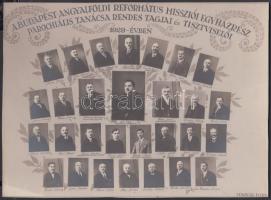 1929 A Budapest-Angyalföld református misszió egyházrész parochiális tanácsa rendes tagjai és tisztviselői, kistabló 29 nevesített portréval, Magyar Imre műterméből, 18x24 cm