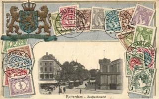 Rotterdam, Zeefischmarkt / fish market, tram, coat of arms, Dutch set of stamps, silver decoration Emb. (pinhole)