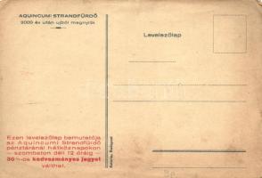 Aquincumi strandfürdő reklám, hátoldalon jegyvásárlási kedvezmény / Hungarian spa advertisement, pur...