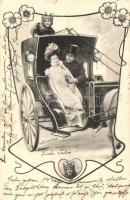 Romantic couple in a chariot, floral Art Nouveau, greeting card s: Ch. Scolik (EK)