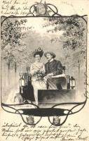 Romantic couple in a chariot, Art Nouveau, greeting card s: Ch. Scolik