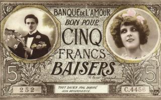 Banque de L'Amour / Bank of love, five francs banknote for a kiss, humour, couple (EK)