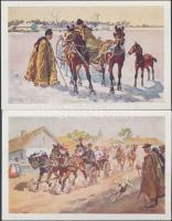 2 db RÉGI használatlan motívumlap, Benyovszky szignóval; magyar folklór lovasszekérrel  / 2 old unused motive cards, signed by Benyovszky; Hungarian folklore with horse carriage