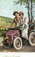 Couple in an automobile, female driver, B.K.W.I. 662.