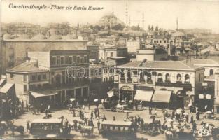 1920 Constantinople, Istanbul; Place de Emin Eunue / square, tram, market place, shop of F. Basilon